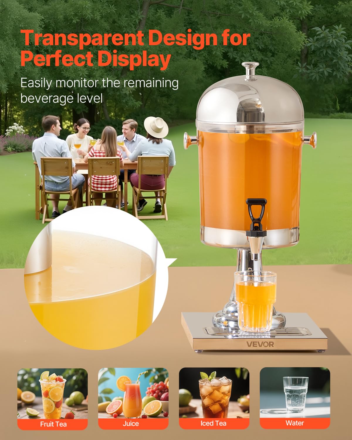 VEVOR Beverage Dispenser, 2.1 Gallon Drink Dispenser for Parties, Stainless Steel + Plastic Juice Dispensers with Spigot Ice Chamber Tray, Iced Tea Lemonade Juice Dispensers, for Restaurants, Hotels