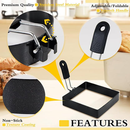 4'' Square Egg Rings with Silicone Handle, Stainless Steel Egg Cooking Rings，Nonstick，For Frying Eggs and English Muffins Pancake, Egg Mold Shaper For Breakfast