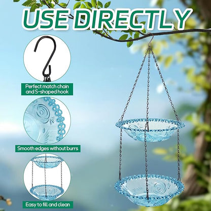 Bird Bath Hanging Seed Feeder Garden Plate Hanging Tray for Wild Backyard Attracting Birds (Blue-Doulbe Bath)