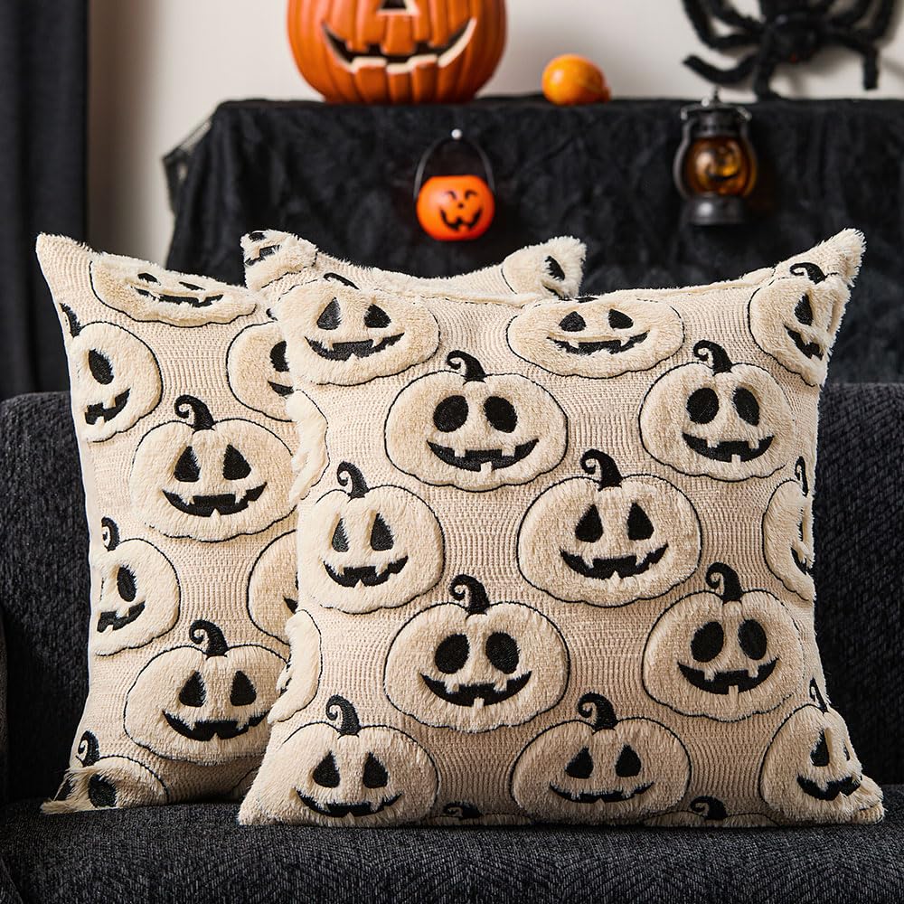 DFXSZ Halloween Pillow Covers 16x16 inch Set of 2 Black Beige Halloween Pumpkins Throw Pillow Cases Soft Plush Faux Fur Wool Couch Cushion Case for Chair Sofa Living Room Home Decor PTK057B16