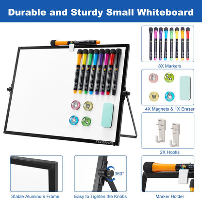 TSJ OFFICE Small White Board - 12 X 16 Inches Small Magnetic Dry Erase Board with Hooks for Wall, Desktop Whiteboard Stand 360 Degrees Revolving Double Sided for Office, Home, School, Black