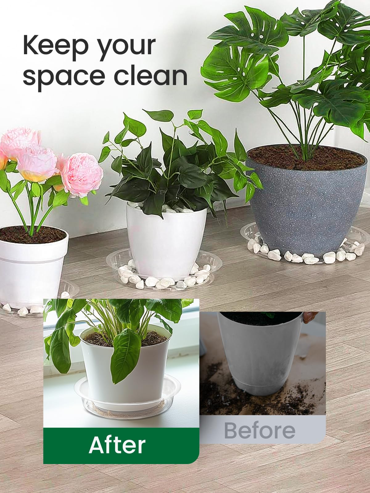 GROWNEER 15 Pack of 6, 8, 10 Inches Clear Plant Saucers Flower Pot Trays, with 15 Pcs Plant Labels, Plastic Plant Drip Trays for Indoor Outdoor Plants Garden, 5pcs of Each Size