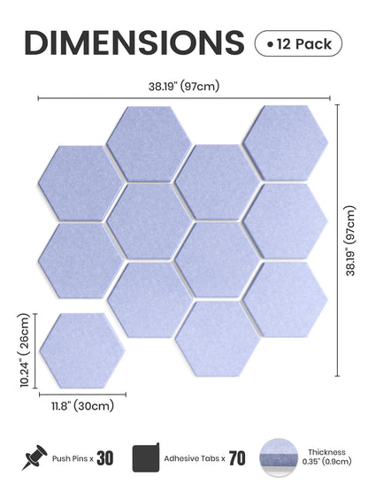 Fluxynara Hexagon Cork Board Alternative for Walls Decor-12-Pack Felt Bulletin Board Tiles,with 30 Pushpins,70 Adhesive Tabs for Office,Classrooms & Home Pin Board Felt Board-Soft Periwinkle