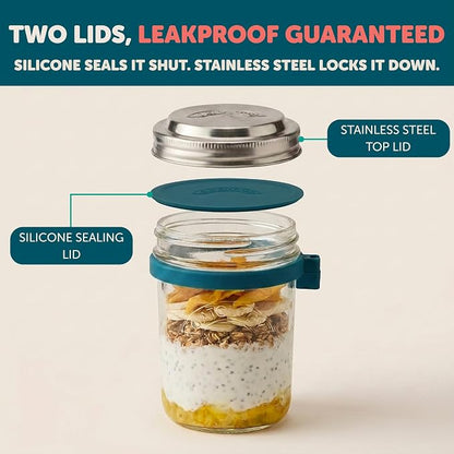 Overnight Oats Jars with Lids and Spoon - Glass Chia Pudding Containers - 16 oz Leakproof Mason Jar for Oatmeal - Wide Mouth To Go Meal Prep Cup with Measurement Markings - 2 Pack