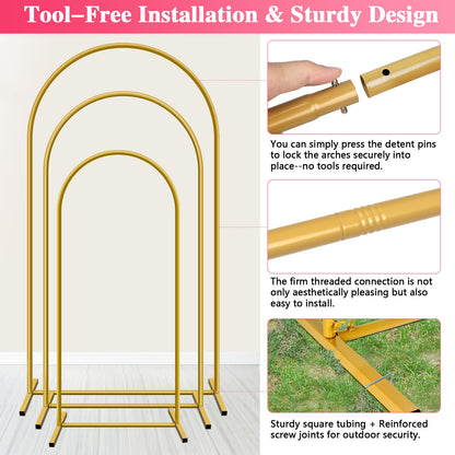 YAYOYA Metal Arch Backdrop Stand, Set of 3 (6/6.6/7.2 ft) Wedding Arched Frame with 12 Ground Nails, Stable Arched Background Stand for Wedding, Baby Shower, Birthday Party, Photography, Gold