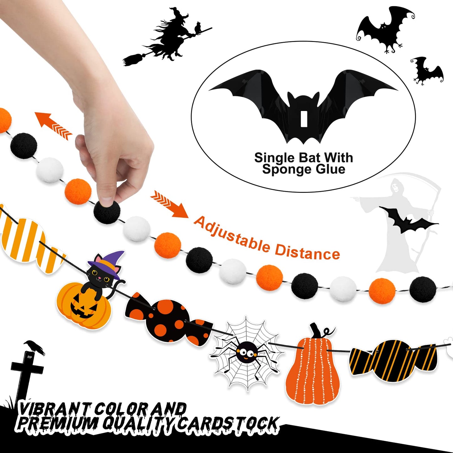 Hotop Halloween Banner Set: Pom Pom Garland, Candy Banner, Bat Decorations for Party Decor
