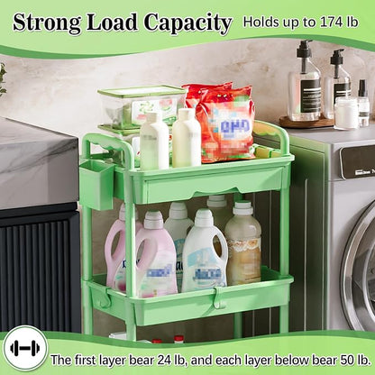 SUNALLY 3-Tier Rolling Cart with Drawer & Lockable Wheels, Bathroom Storage Organizer Multifunctional Rolling Storage Cart for Bathroom, Kitchen, Office, Craft, Makeup, Baby Essentials, Green