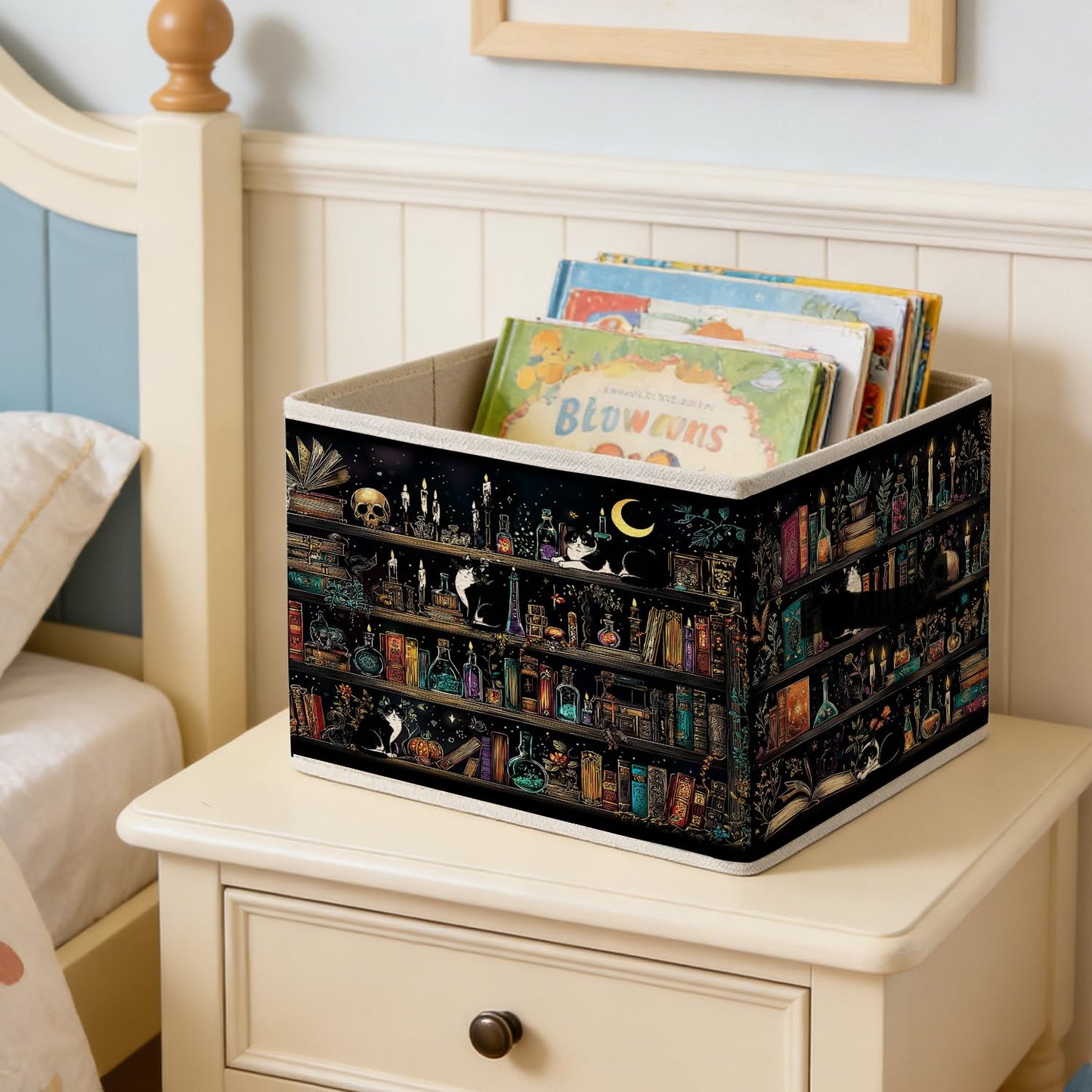 LRWHDFW Dark Gothic Book Storage Bins, Dark Academia Witchy Bookshelf Tuxedo Cat Foldable Closet Organizers Storage Basket Toybox for Reading Room Library Bedroom Bathroom Home Clothes Toys Books