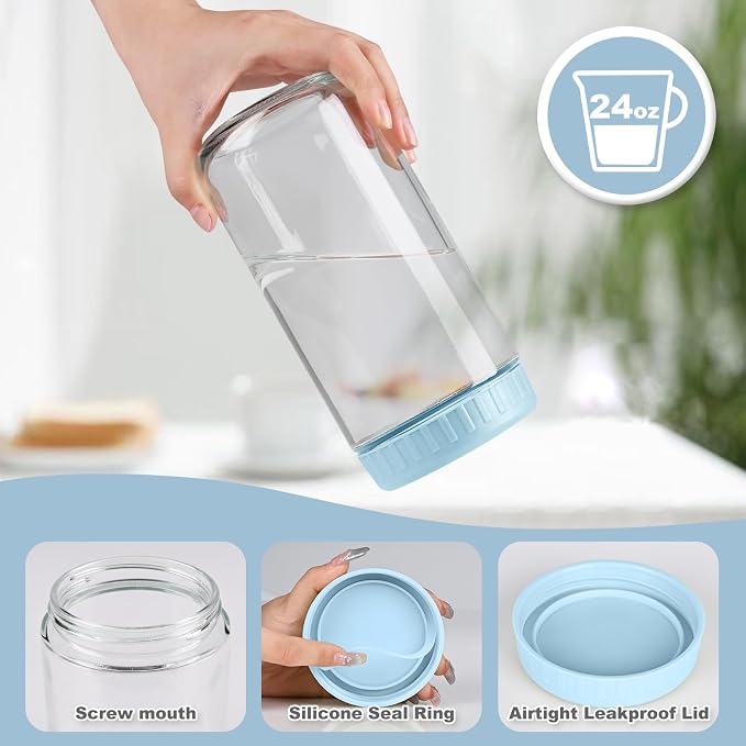 SHOWIN Overnight Oats Containers with Lids, 24oz Glass Jars with Lids 2 pcs, Light Blue, Wide Mouth Mason jars for Salad, Yogurt, Snacks, Meal Prep