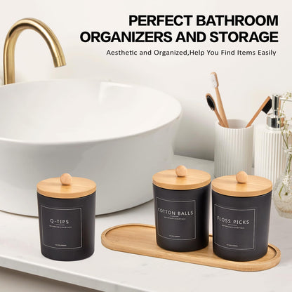 3 Pack Qtip Holder Bathroom Set with Tray,13.5oz Cotton Round Ball Pad Holder Cotton Swab Floss Pick Dispenser,Bathroom Organizers and Storage Container,Glass Apothecary Jars Canisters with Lids-Black