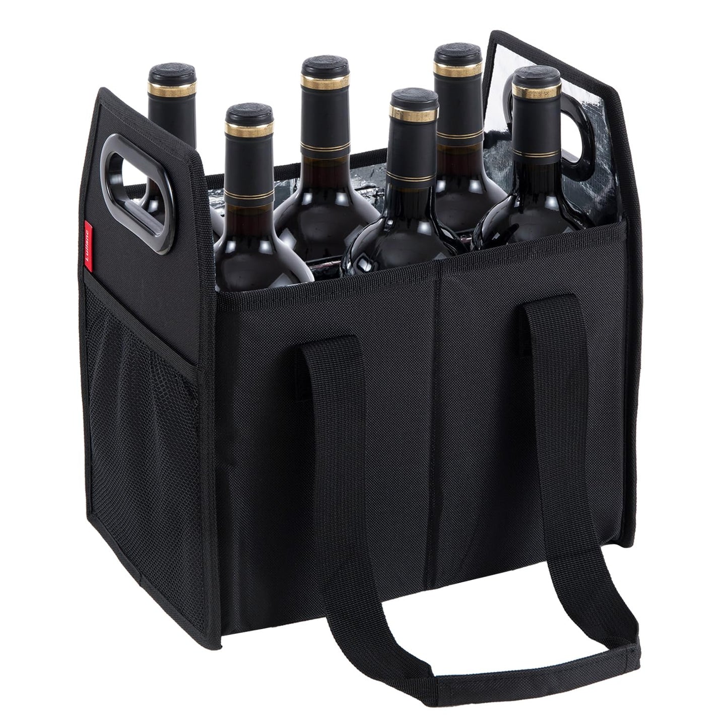 LUILANC 6 Bottle Wine Carrier Collapsible Reusable Portable Wine Bottle Carrier Case for Tote Bag Moving, Vacation Bottle Caddy Grocery Shopping Wine Tasting Accessory, Black