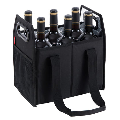 LUILANC 6 Bottle Wine Carrier Collapsible Reusable Portable Wine Bottle Carrier Case for Tote Bag Moving, Vacation Bottle Caddy Grocery Shopping Wine Tasting Accessory, Black