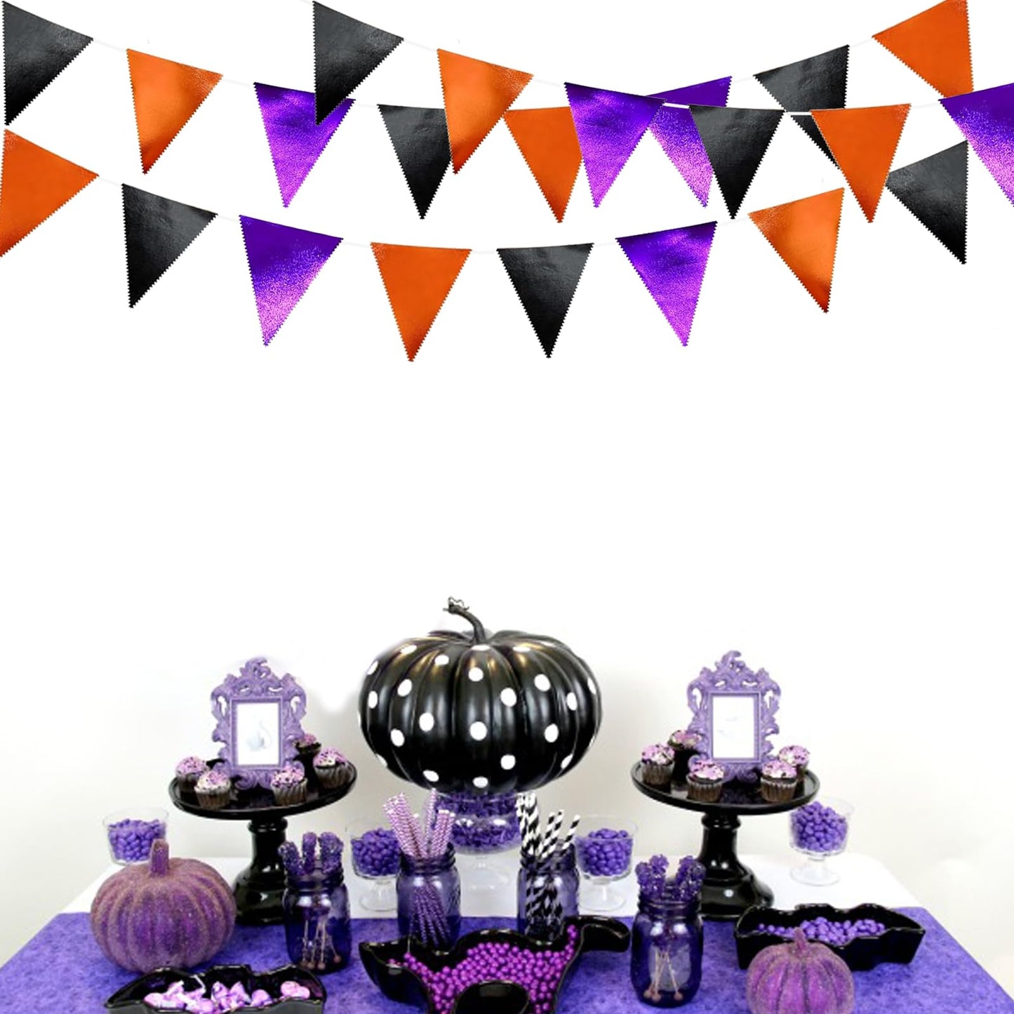 Zwiebeco 39Ft Black Orange Purple Glitter Fabric Bunting Banner Triangle Flags Hanging Cotton Pennant Banner for Birthday Wedding Engagement Halloween Theme Party Home Garden Decorations Supplies