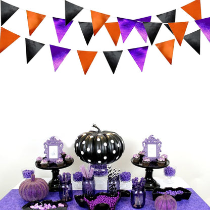 Zwiebeco 39Ft Black Orange Purple Glitter Fabric Bunting Banner Triangle Flags Hanging Cotton Pennant Banner for Birthday Wedding Engagement Halloween Theme Party Home Garden Decorations Supplies