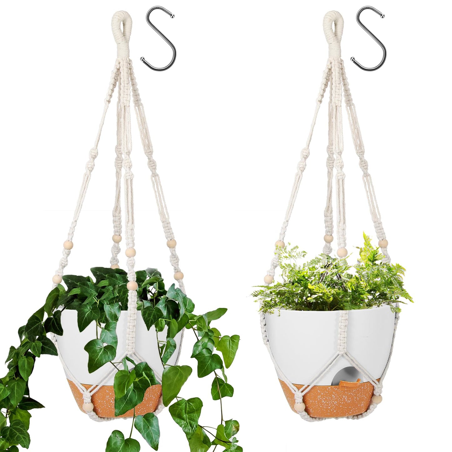 GARDIFE 10 Inch Hanging Planters with Macrame Plant Hanger for Indoor and Outdoor Plants, 2 Pack Large Self Watering Hanging Plant Pot with Basket Flower Pot with Drainage Hole, White