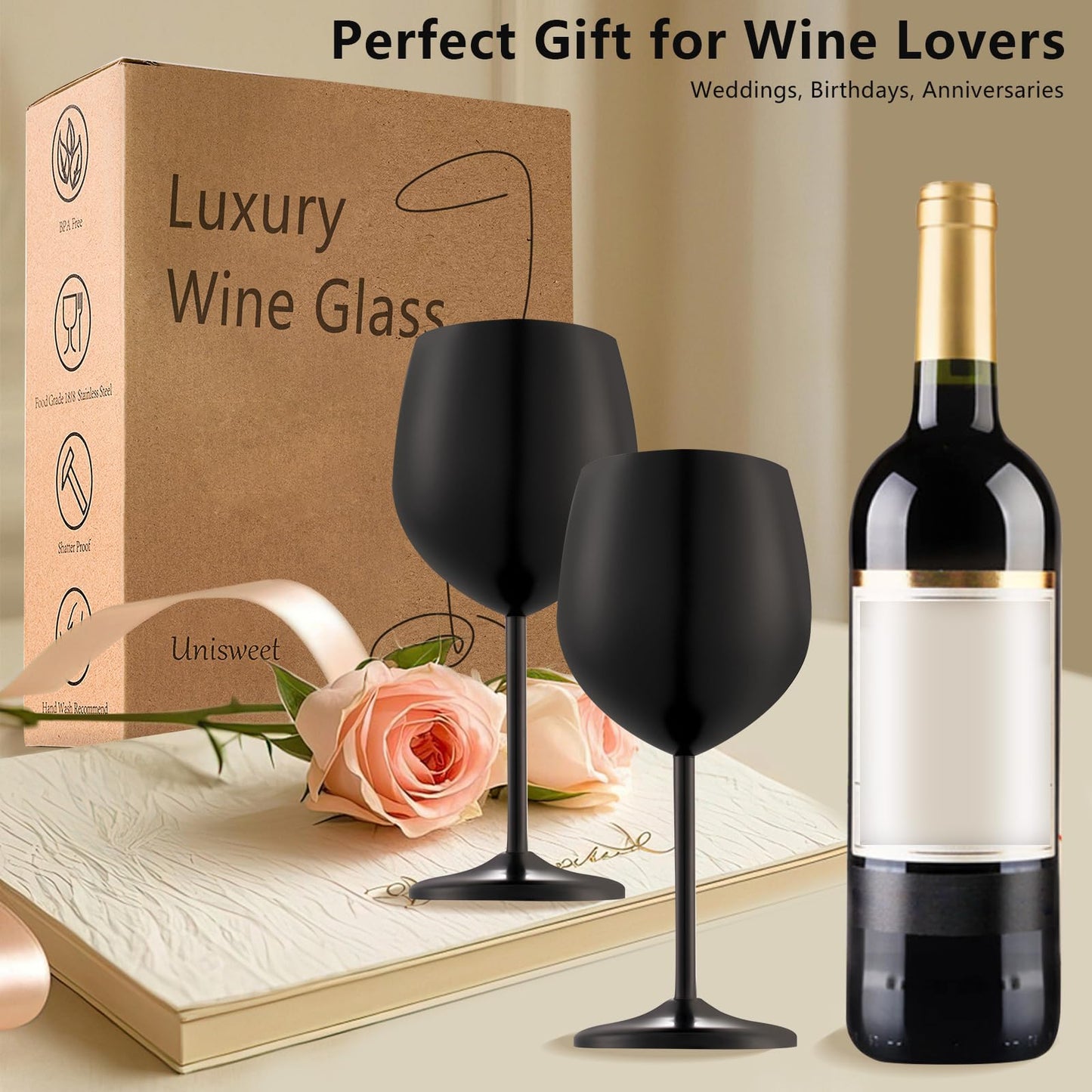 UNISWEET Stainless Steel Wine Glasses Set of 4 Unbreakable Wine Glass 18 oz Unique Metal Wine Goblets for Outdoor, Travel, Camping, Pool, Ideal Gift for Wine Lovers (Matte-Black)