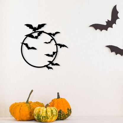 YATEASLU Halloween Bats Metal Wall Art – Moon and Bat Design – Indoor & Outdoor Decoration for Home, Kitchen