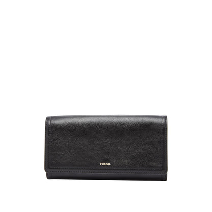 Fossil Women's Wallet, Logan Leather Wallet RFID Blocking Flap Clutch Organizer, Black