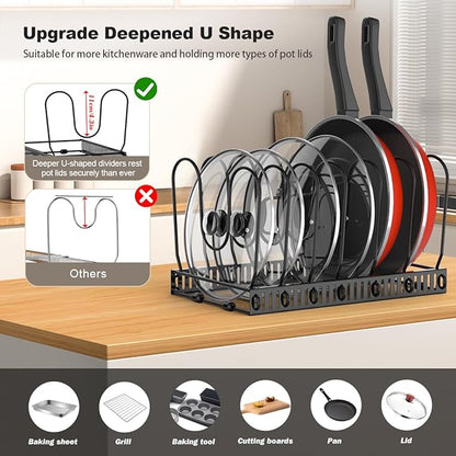 Housolution Pot and Pan Organizer Rack for Cabinet, Pot Lid Organizer with 7 Adjustable Dividers, Pan Holder Storage Rack for Kitchen Cabinet, Black