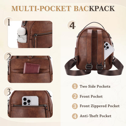 Chase Chic Mini Backpack Purse for Women, Vegan Leather Cute Small Backpack Ladies Fashion Shoulder Handbag for Travel Brown