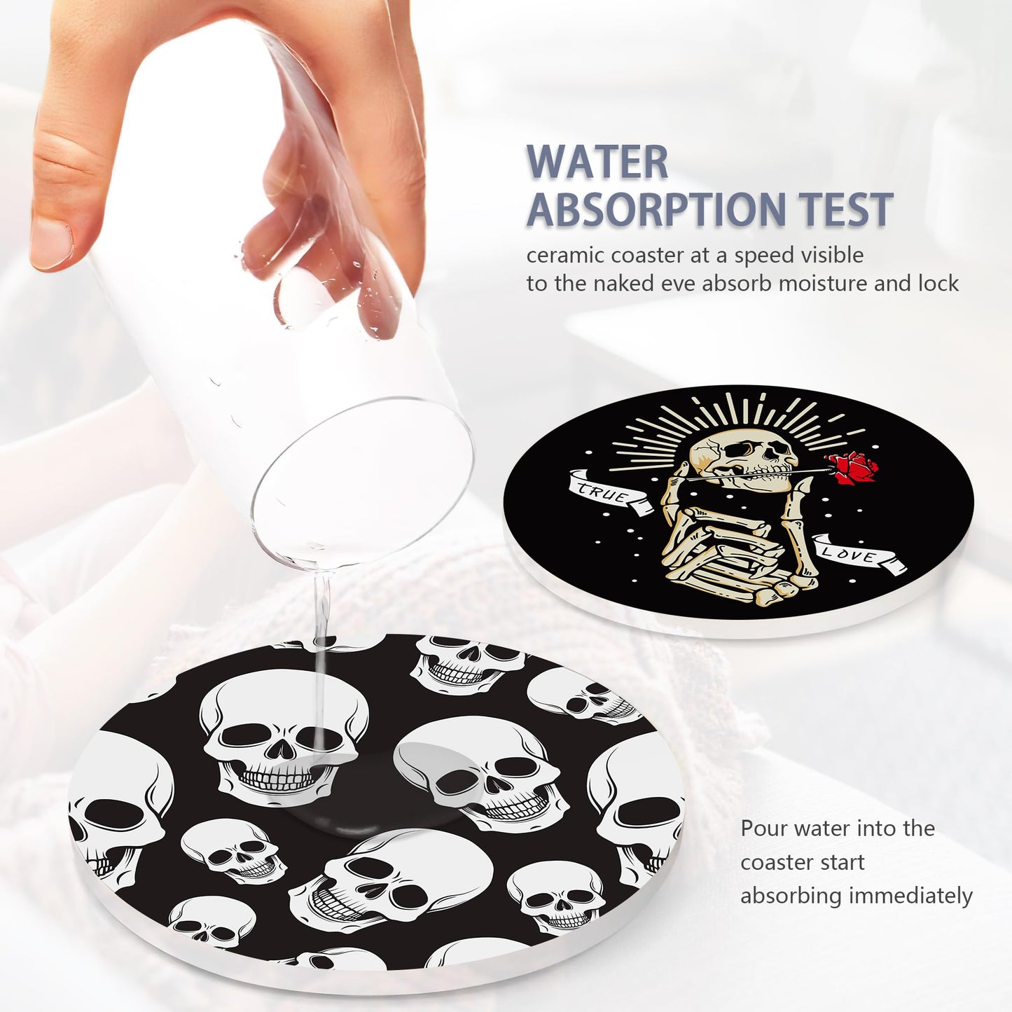 Coaster for Drinks Set of 6, Skeleton Skull Absorbing Round Ceramic Stone Coaster with Cork Base,Tabletop Protection Mat for Mugs and Cups,Coffee Table Wine Glass Home Bar 4 Inch