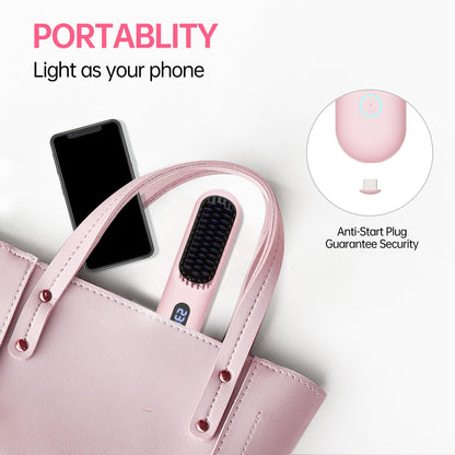 Cordless Hair Straightener Brush-Portable Straightening Comb, 9600mAh Batt, Plasma Tech, 9 Temp-Settings & LED Display, for Travel & Home(Pink)