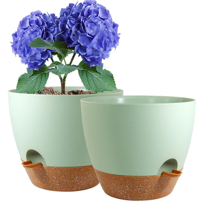 WSMKSZ 8 inch Self Watering Pots, 2 Pack Plastic Planters with Mesh Drainage Holes for Garden Plants and Flower, Plants Pots with Deep Reservoir for Indoor Outdoor Plants, Green with Brown