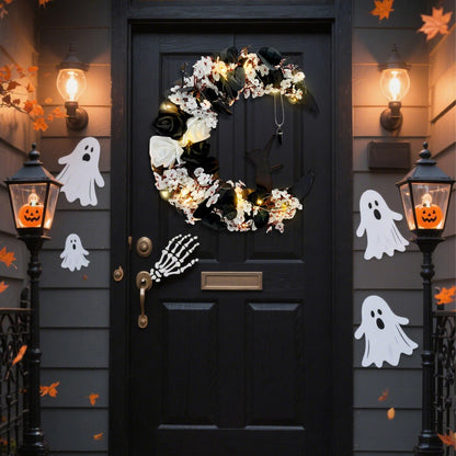 Halloween Wreath Moon Cat Black White Wreath Halloween Decor 13.7in×9.8in