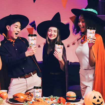 Whaline 50Pcs 16Oz Halloween Disposable Coffee Cups with Lids and Sleeves Pink Ghost Boo Pumpkin Paper Drinking Cup for Trick or Treat Birthday Party Supplies