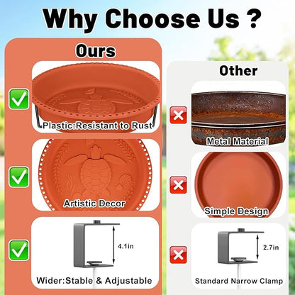 Bird Baths for Outdoors, Rustproof Metal Clamp Birdbaths & Birdfeeder with Detachable Plastic Basin, Outdoor Bird Feeding & Watering Station for Wild Birds Garden Patio Balcony (Brown)