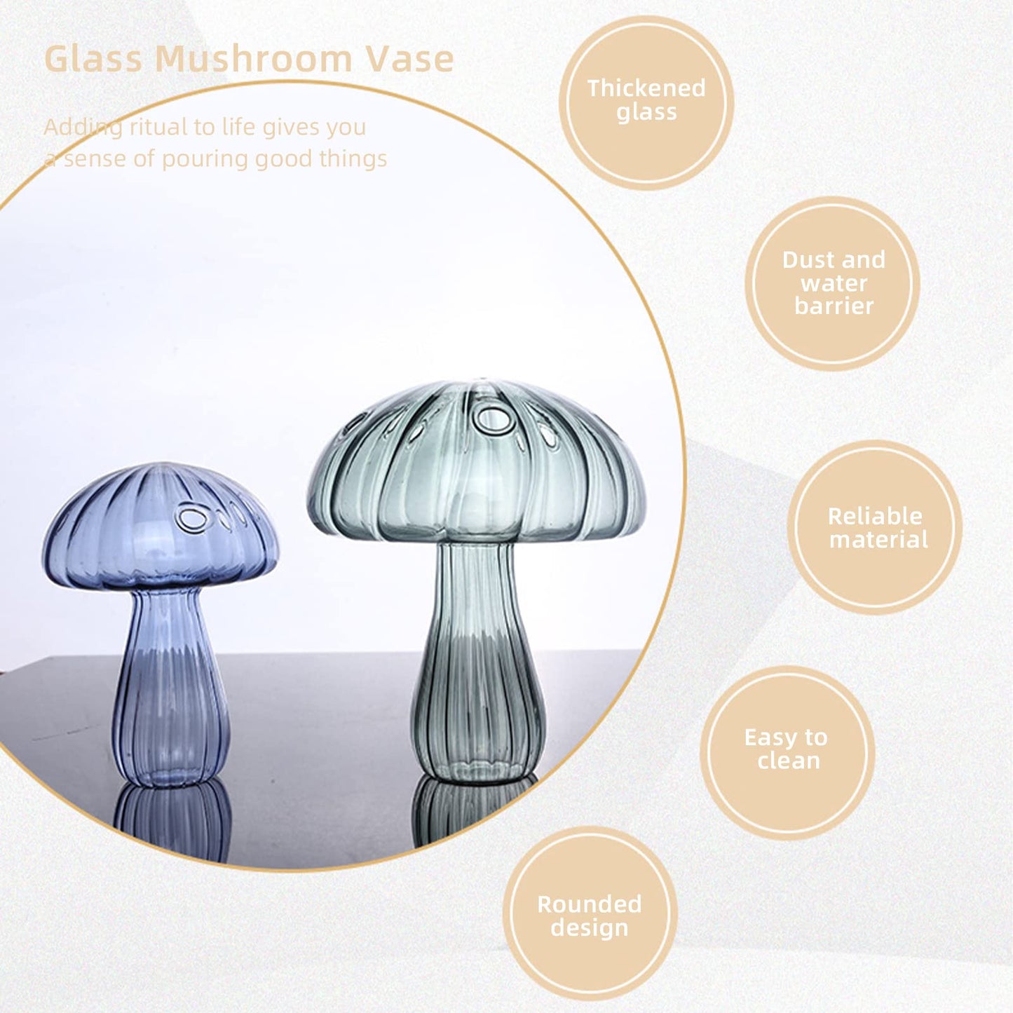 LIANGLIDE Mushroom Shaped Glass Vase, Transparent, Modern, Multipurpose, Table Top, Home Office, Bedroom, Wedding, Graduation, Mother's Day, Women, Flowers, 12.3 x 14.5cm, 110g