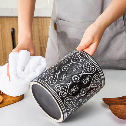 Delpnana Black Heavy Ceramic Utensil Holder, 7" Extra Large Kitchen Utensil Holder for Countertop, Cooking Ceramic Crock for Farmhouse Kitchen Decor