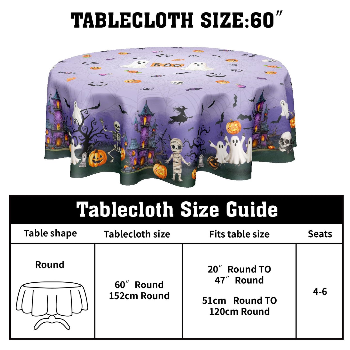 Ancordivo Halloween Round Tablecloth 60 Inch Purple Castle Spooky Pumpkin Ghost Bat Spider Web Table Cloth Rustic Holiday Table Cover for Kitchen Dinner Home Decor