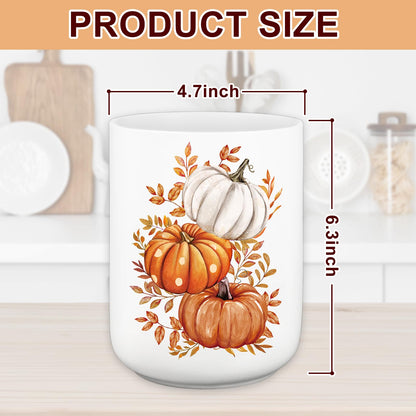 JarThenaAMCS Fall Ceramic Utensil Holder Watercolor Pumpkin Leaves Utensil Crock for Autumn Harvest Thanksgiving Home Kitchen Countertop Storage Organizer Container