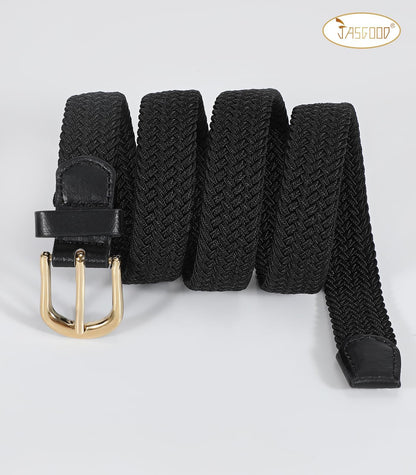 JASGOOD 2 Pack Braided Belts for Women, 1'' Narrow Width Elastic Woven Stretch Fabric Cloth Belts with Gold Buckle