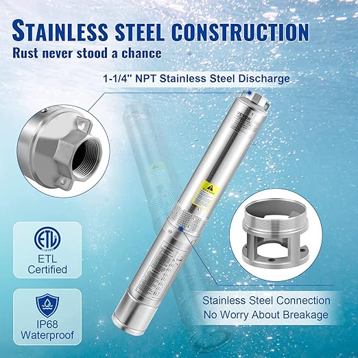 VEVOR Deep Well Submersible Pump, 3HP 230V/60Hz, 37GPM 640 ft Head, with 33 ft Cord & External Control Box, 4 inch Stainless Steel Water Pumps for Industrial, Irrigation and Home Use, IP68 Waterproof