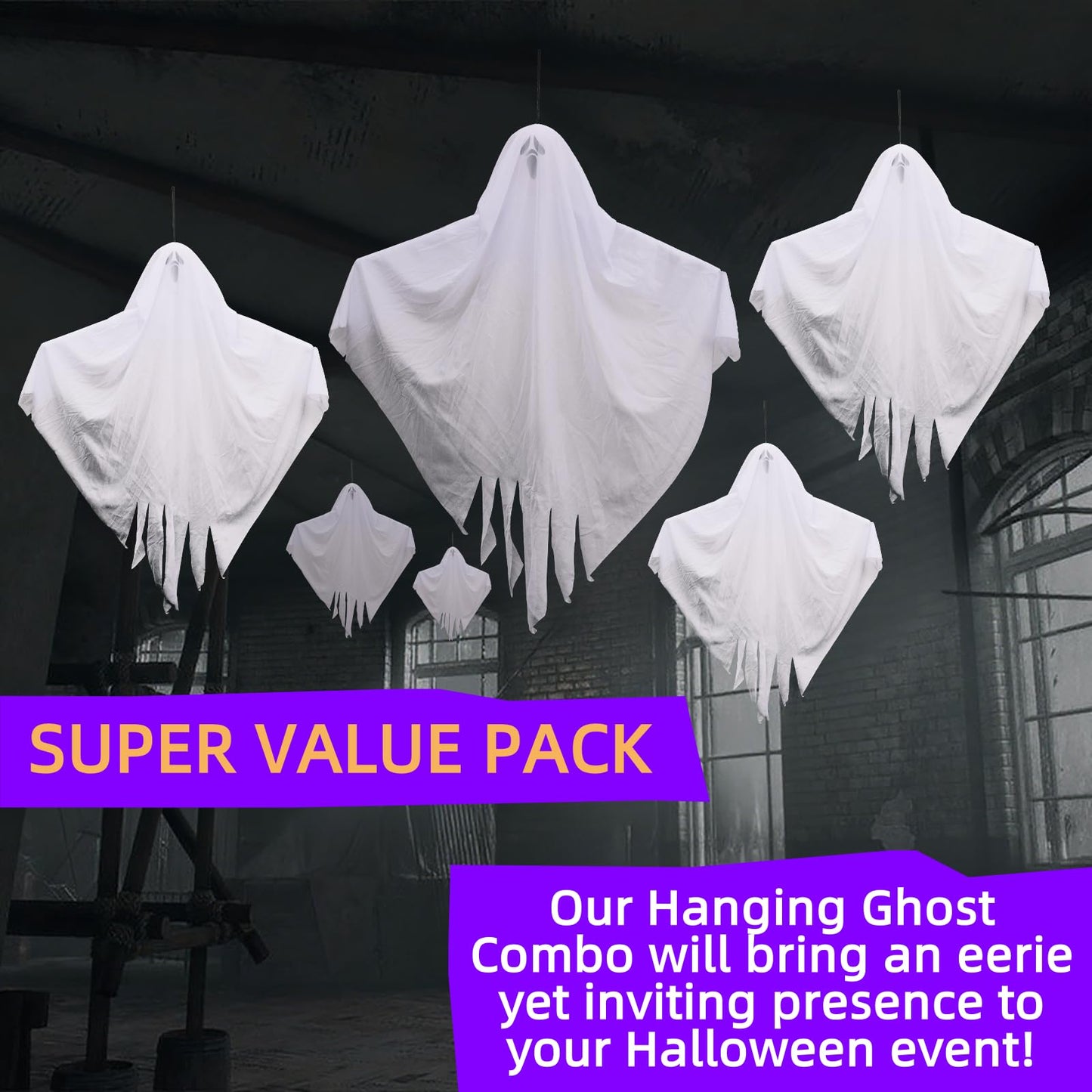3 Pack Halloween Hanging Ghosts - 23.6 Inch Flying Ghosts Ideal for Halloween Decorations Indoor & Outdoor, Party Decor, Front Yard, Porch, Patio, Lawn, Garden Trees and Wreath