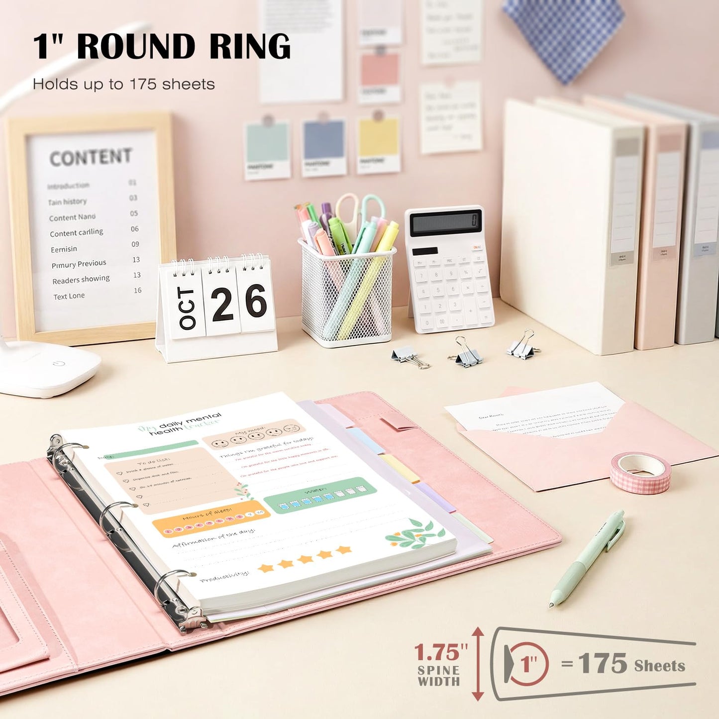 Ospelelf Leather 3 Ring Binder for Letter Size Documents with PVC Pocketed Dividers, Storage Bag & Notepad, 1 Inch Round Rings, Holds 175 Sheets, for Office School Home Organization, Flower Pink