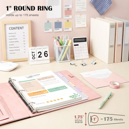 Ospelelf Leather 3 Ring Binder for Letter Size Documents with PVC Pocketed Dividers, Storage Bag & Notepad, 1 Inch Round Rings, Holds 175 Sheets, for Office School Home Organization, Flower Pink
