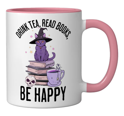 Drink Tea Read Books Be Happy Whimsigoth Halloween design Ceramic Mug, Pink/White