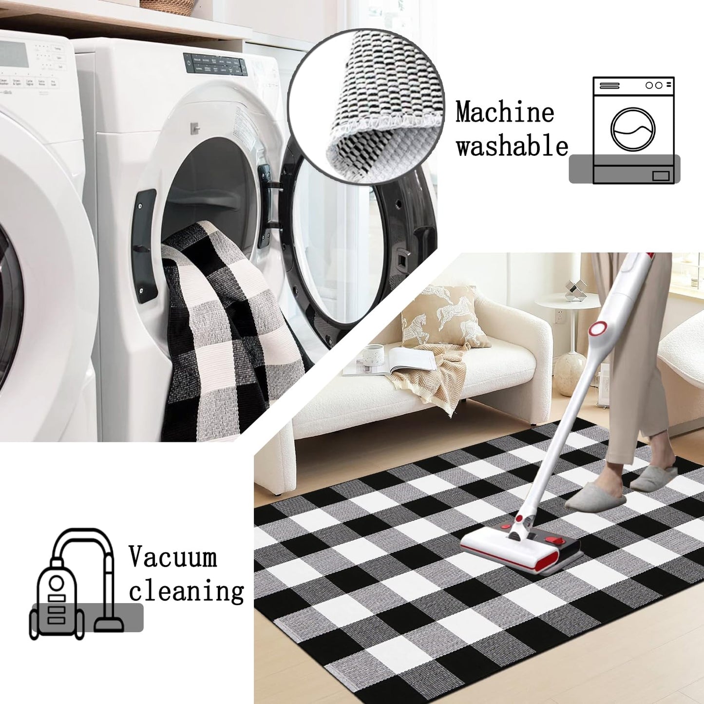 YINMEIJU Buffalo Plaid Rug 3'x5' Black and White Checkered Rug Front Door Mat Outdoor Cotton Washable Front Porch Rug Layered Doormats for Front Porch/Farmhouse/Entryway