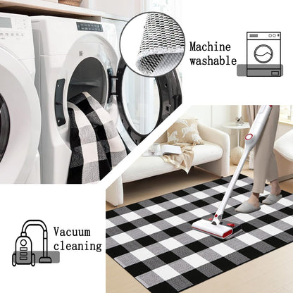 YINMEIJU Buffalo Plaid Rug 3'x5' Black and White Checkered Rug Front Door Mat Outdoor Cotton Washable Front Porch Rug Layered Doormats for Front Porch/Farmhouse/Entryway