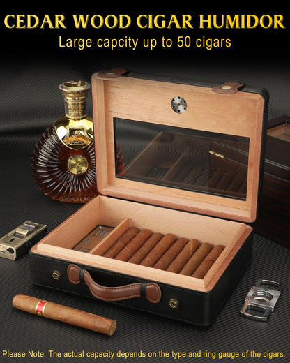 FANKAI Cigar Humidor, Cigar Box with Hygrometer Humidifier and Divider, Glass Top Cedar Wood Storage Case for 30pcs-50pcs Cigars,Travel Cigar Accessories