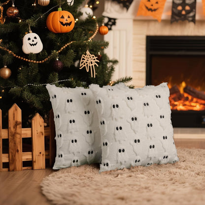 Artmag Halloween Ghost Pillow Covers 22x22 Set of 2, Soft Plush Faux Farmhouse Throw Pillow Cases for Fall Thanksgiving Halloween Holiday Decorations White