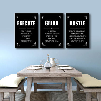 YSPCSUN 3 Panel Inspirational Wall Art for Office Walls Grind Hustle Execute Canvas Art Black and White Motivational Sign Framed Entrepreneur Life Success Quotes Room Decor Large, 48" x 24"