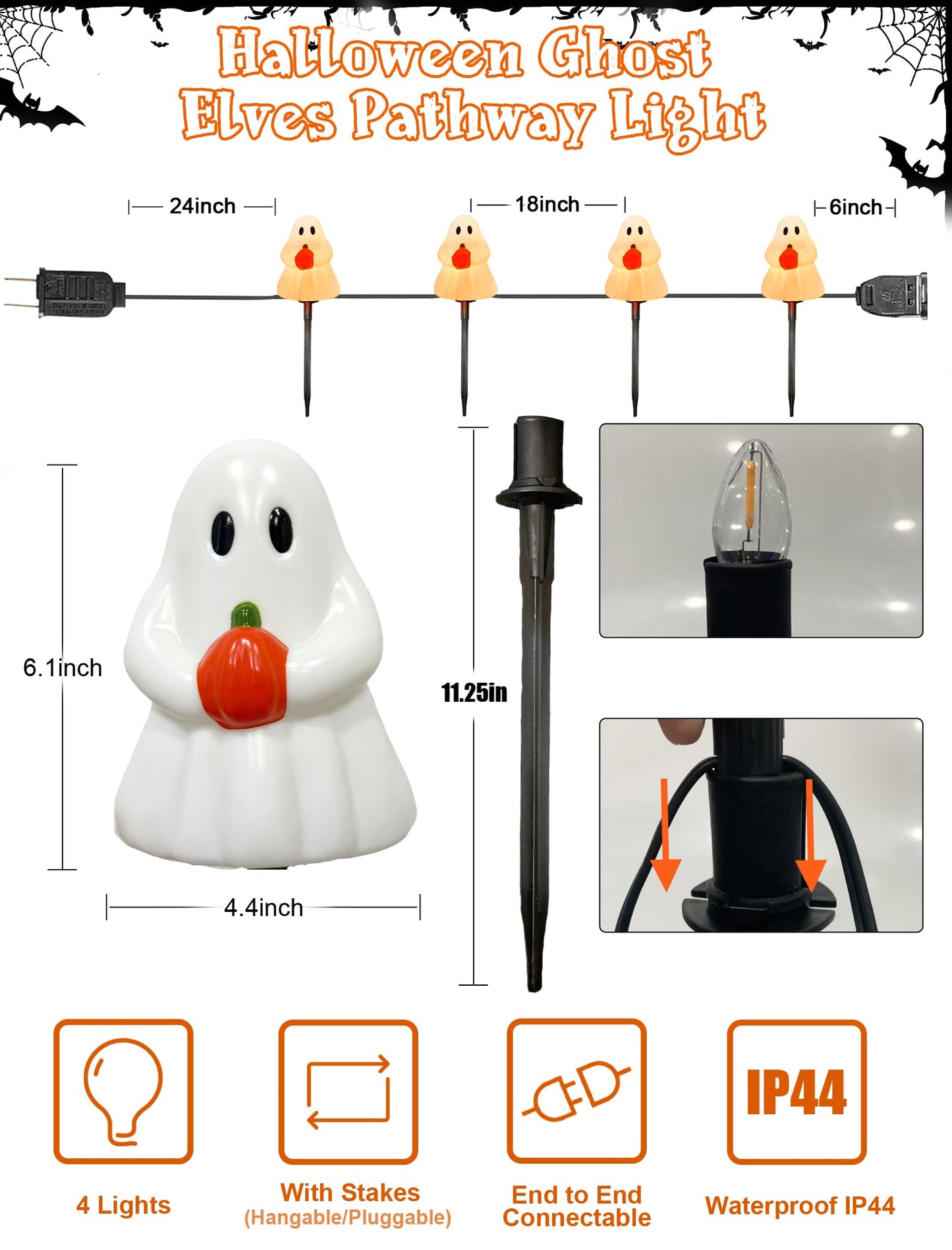 Halloween Ghost Pathway Lights Outdoor, 7Ft C7 Halloween Decorations Pathway String Lights with 4 Elves Holding Pumpkin Walkway Lights Waterproof, Plug-in Night Lights for Porch Yard Patio Garden