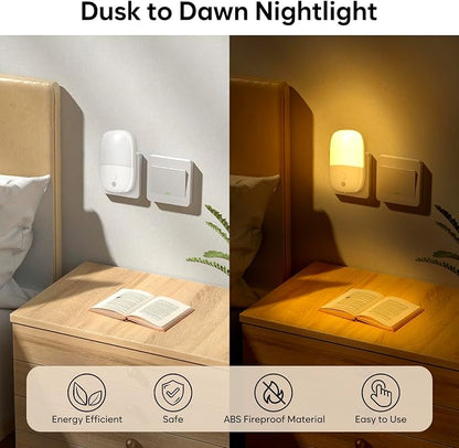 LED Night Light Plug into Wall, 4 Pack Dusk to Dawn Sensor Nightlight with Retractable Plug & 3 Adjustable Brightness, Dimmable 3000K Warm Lights for Adults Kids Bedroom Stair Hallway Kitchen