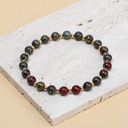 QOGIR Dragon Bloodstone - Strength and Courage - 14K Gold Plated Beads Natural Gemstone Stretch Elastic Dainty Healing Beaded Bracelets Gifts 6mm