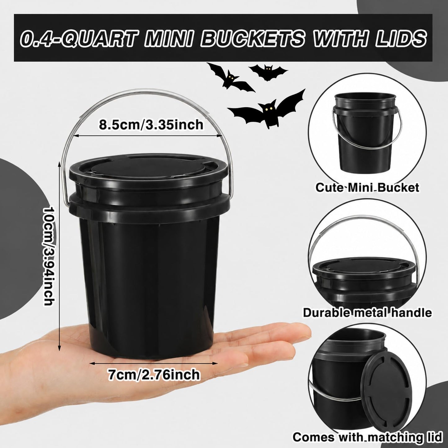 Hushee 6 Pcs Mini Plastic Buckets with Lids, 0.4 Quart Black Buckets for Party Gift Packaging, Candy Holders Easter Halloween Christmas Candy Treat Snacks Holder Birthday Baby Shower Party Supplies