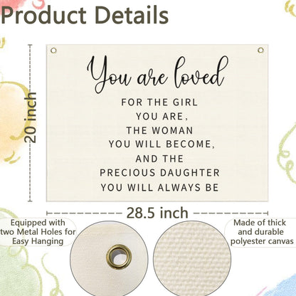 Canvas Banner Wall Decor Hanging Rectangular Poster Flag Sign,Nursery Playroom Bedroom Babyroom Decor,Baby Shower Christmas Gift for Kid Girl-You are Loved for The Girl You Are-28.5"Lx 20"W
